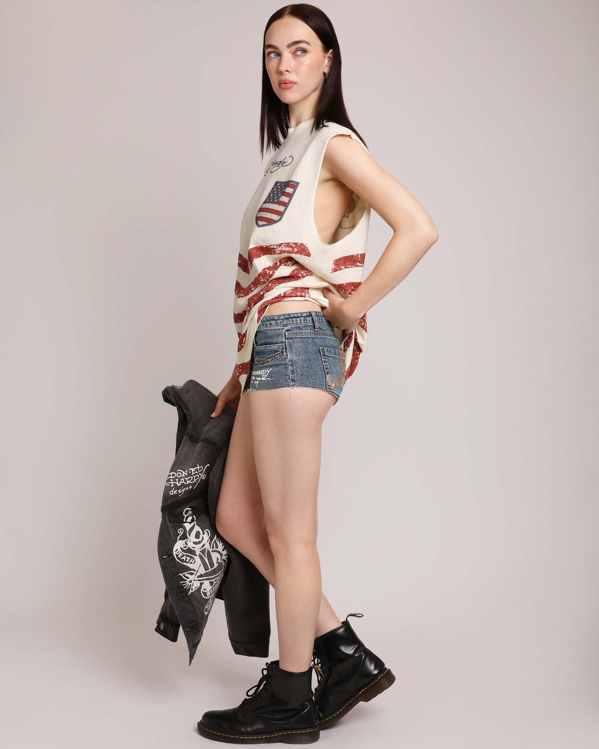 Leopard Panther Studded Micro Denim Short MED TINT | Ed Hardy