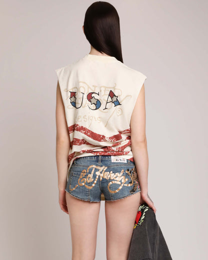 Leopard Panther Studded Micro Denim Short MED TINT | Ed Hardy