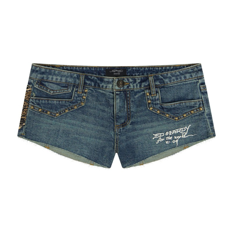 Leopard Panther Studded Micro Denim Short MED TINT | Ed Hardy