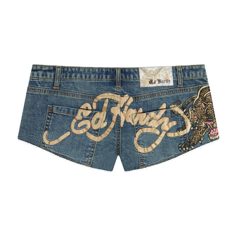 Leopard Panther Studded Micro Denim Short MED TINT | Ed Hardy
