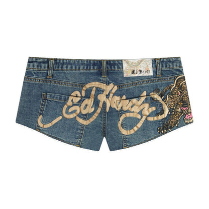 Leopard Panther Studded Micro Denim Short MED TINT | Ed Hardy