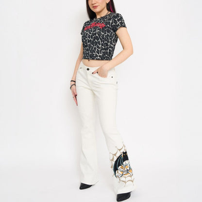Bat Skull Embroidered Low Waist Bootcut Jeans IVORY | Ed Hardy