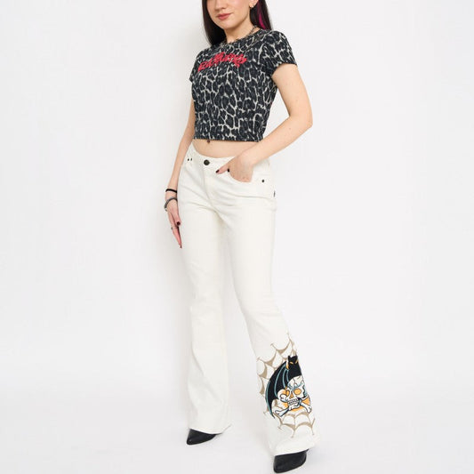 Bat Skull Embroidered Low Waist Bootcut Jeans IVORY | Ed Hardy