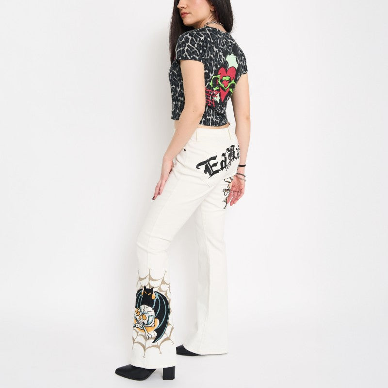 Bat Skull Embroidered Low Waist Bootcut Jeans IVORY | Ed Hardy