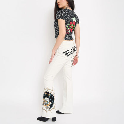 Bat Skull Embroidered Low Waist Bootcut Jeans IVORY | Ed Hardy
