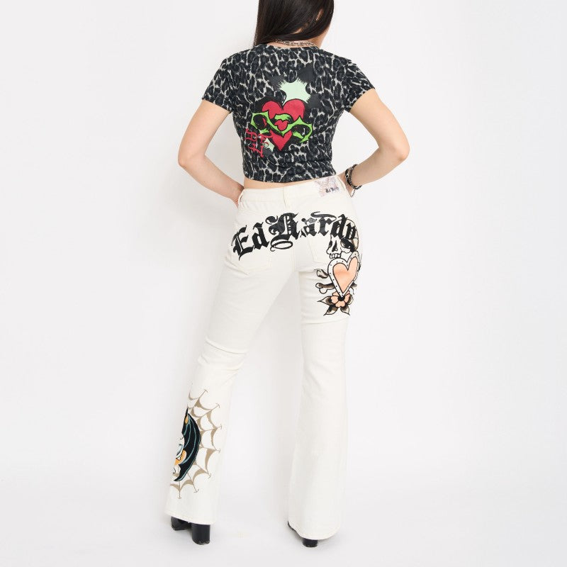 Bat Skull Embroidered Low Waist Bootcut Jeans IVORY | Ed Hardy
