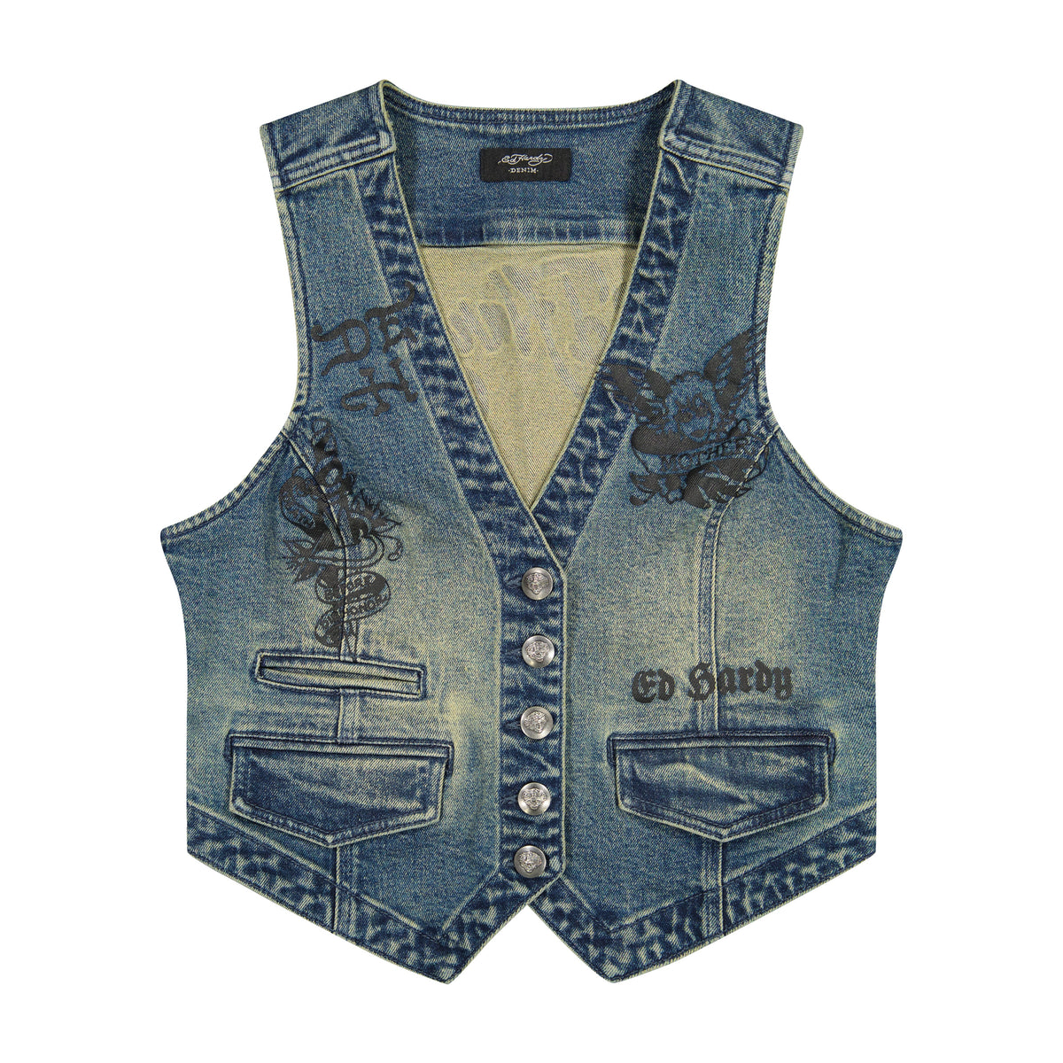 Multi Tattoo Denim Vest MED TINT | Ed Hardy