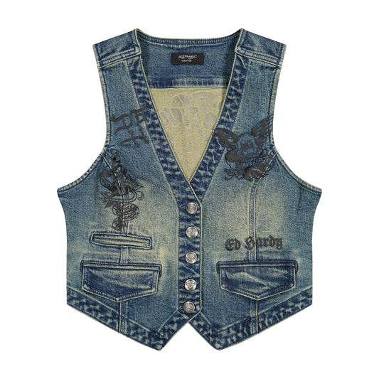 Multi Tattoo Denim Vest MED TINT | Ed Hardy