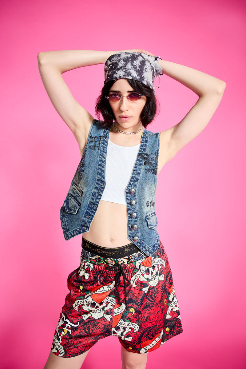 Multi Tattoo Denim Vest MED TINT | Ed Hardy