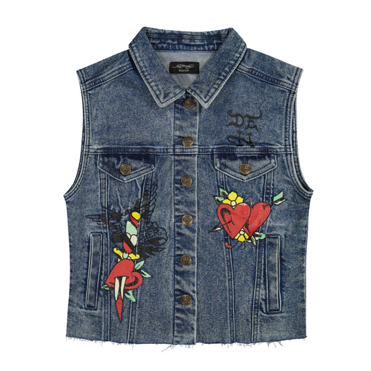Heart Cross Trucker Denim Vest MED TINT | Ed Hardy