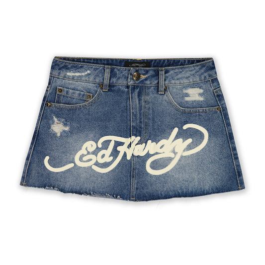 Multi Tattoo Denim Mini Skirt Med Wash | Ed Hardy