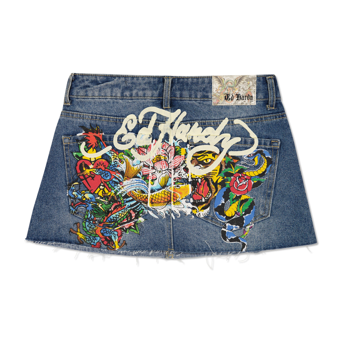 Multi Tattoo Denim Mini Skirt Med Wash | Ed Hardy