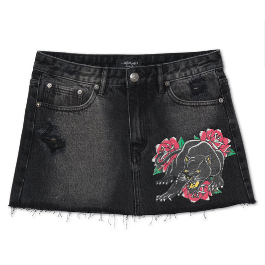 Panther Roses Denim Skirt BLACK WASH | Ed Hardy
