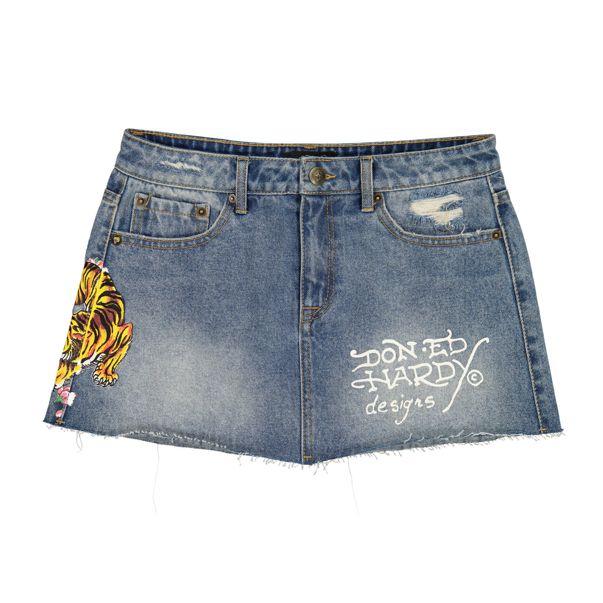 Tiger Flowers Denim Skirt MEDIUM WASH | Ed Hardy