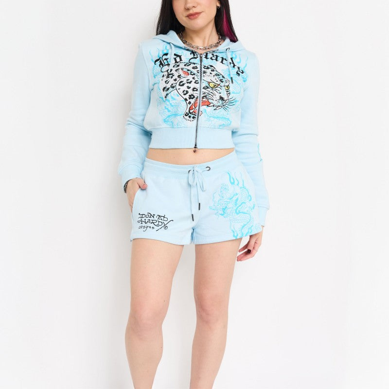 Blue Leopard Y2K Rhinestone Fleece Shorts BABY BLUE | Ed Hardy