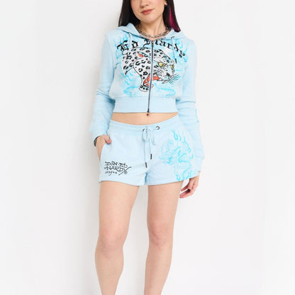 Blue Leopard Y2K Rhinestone Fleece Shorts BABY BLUE | Ed Hardy