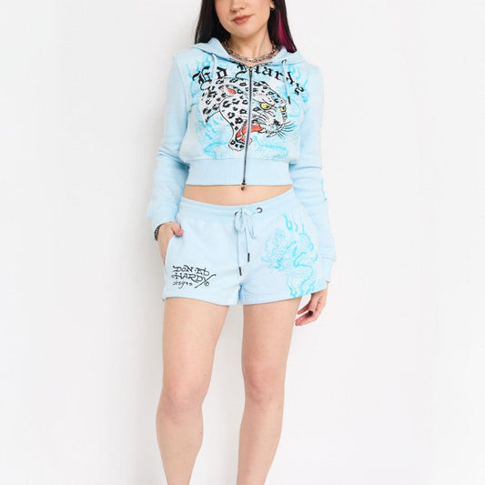 Blue Leopard Y2K Rhinestone Fleece Shorts BABY BLUE | Ed Hardy
