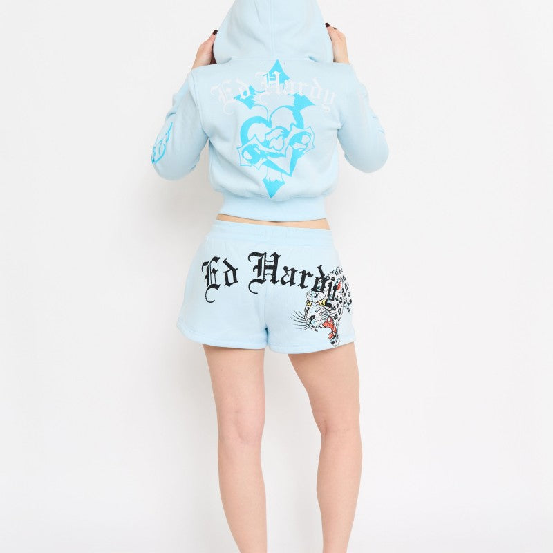 Blue Leopard Y2K Rhinestone Fleece Shorts BABY BLUE | Ed Hardy