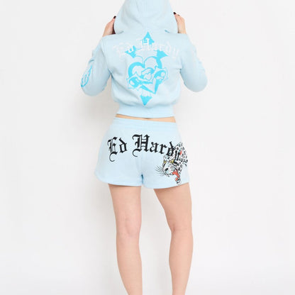 Blue Leopard Y2K Rhinestone Fleece Shorts BABY BLUE | Ed Hardy