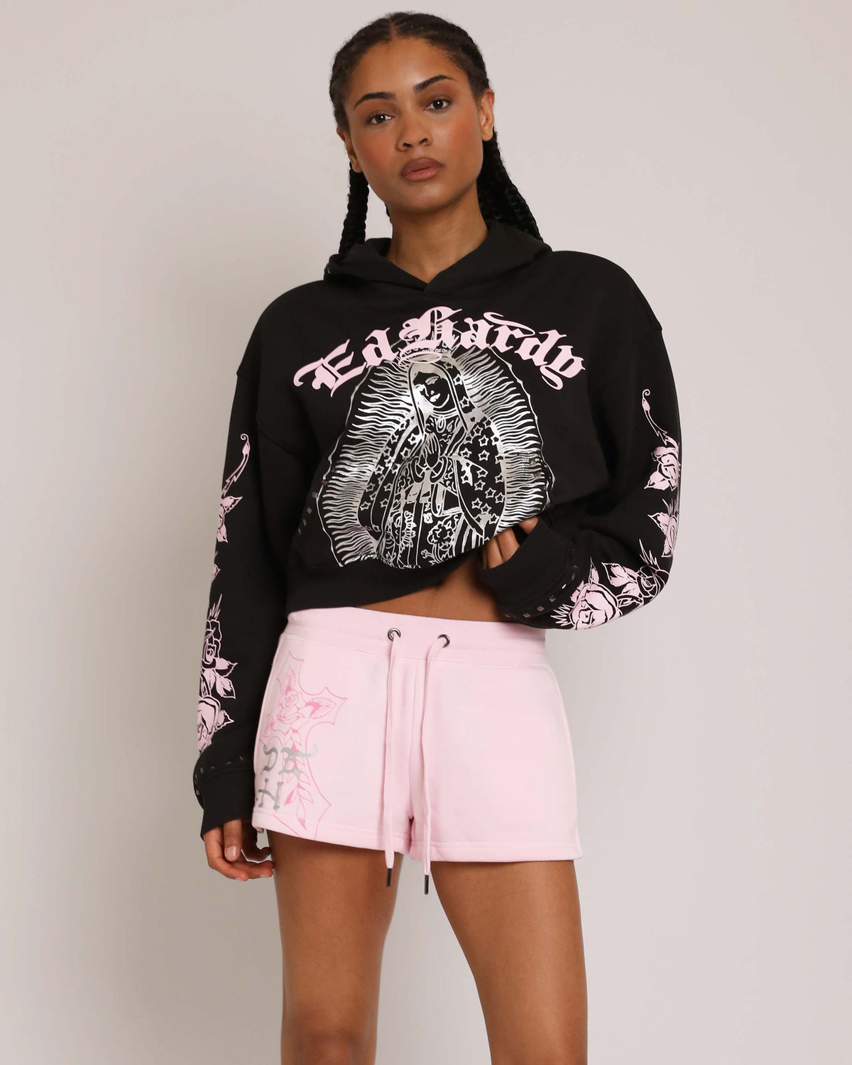 Flame Cross Y2K Fleece Shorts PINK BALLERINA | Ed Hardy
