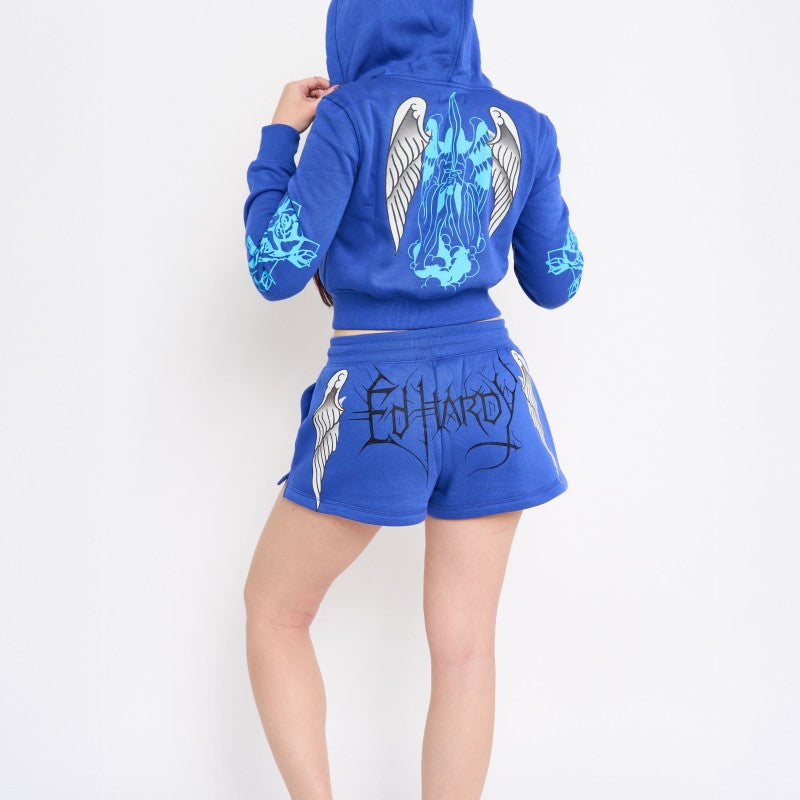 Cross Wings Y2K Fleece Shorts ROYAL BLUE | Ed Hardy