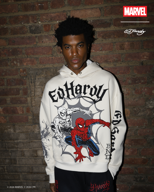 Spider-Man Triple SM Boxy Fleece Hoodie IVORY | Ed Hardy
