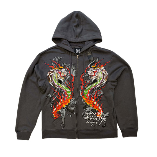 Dragon Flame Men's Zip Hoodie CHARCOAL | Ed Hardy