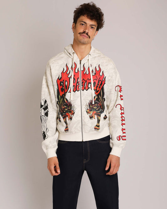 Wolves Boxy Zip Hoodie, Ivory IVORY | Ed Hardy