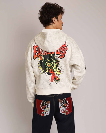 Wolves Boxy Zip Hoodie, Ivory IVORY | Ed Hardy