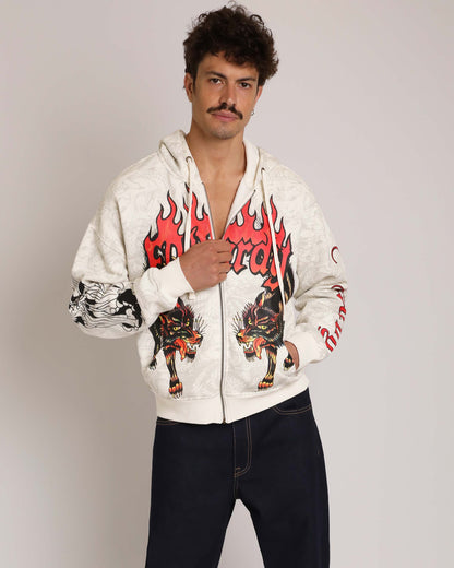 Wolves Boxy Zip Hoodie, Ivory IVORY | Ed Hardy