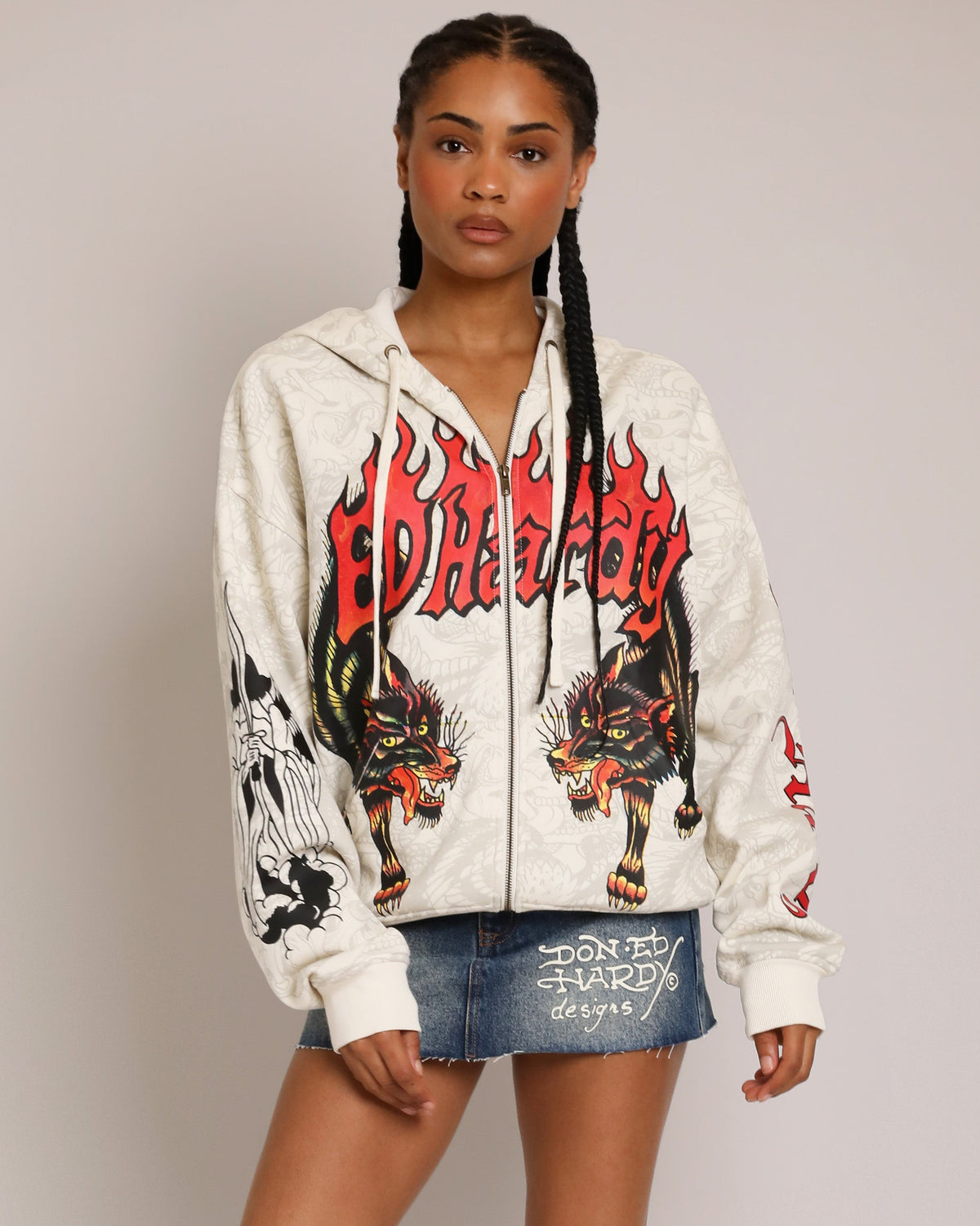 Wolves Boxy Zip Hoodie, Ivory IVORY | Ed Hardy