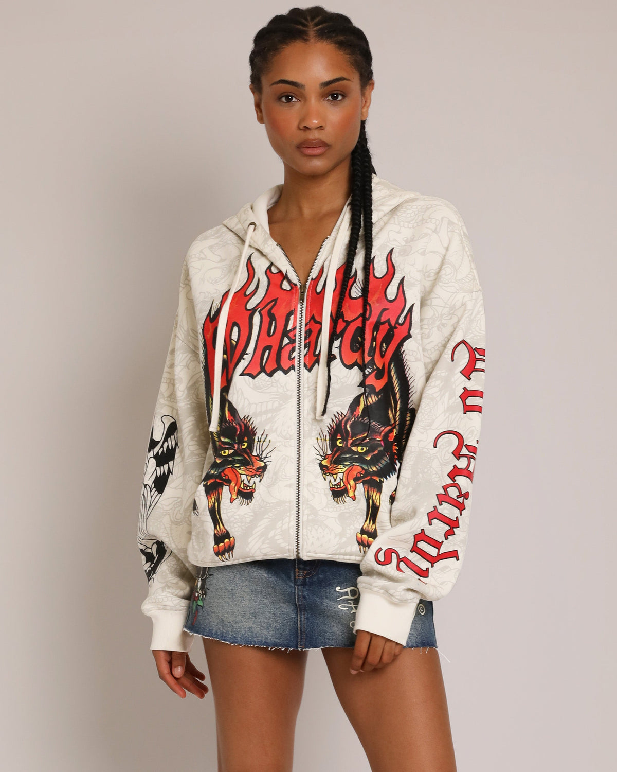 Wolves Boxy Zip Hoodie, Ivory IVORY | Ed Hardy