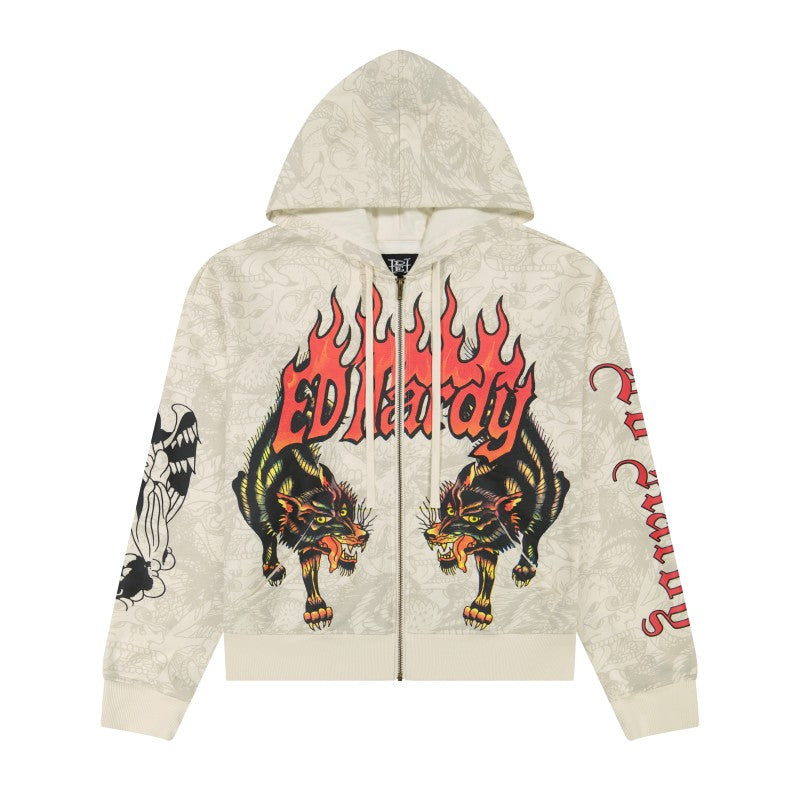 Wolves Boxy Zip Hoodie, Ivory IVORY | Ed Hardy