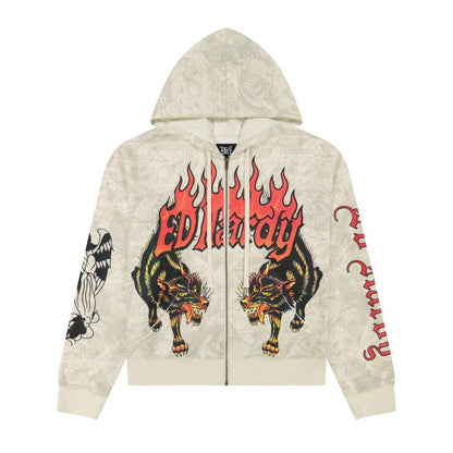 Wolves Boxy Zip Hoodie, Ivory IVORY | Ed Hardy