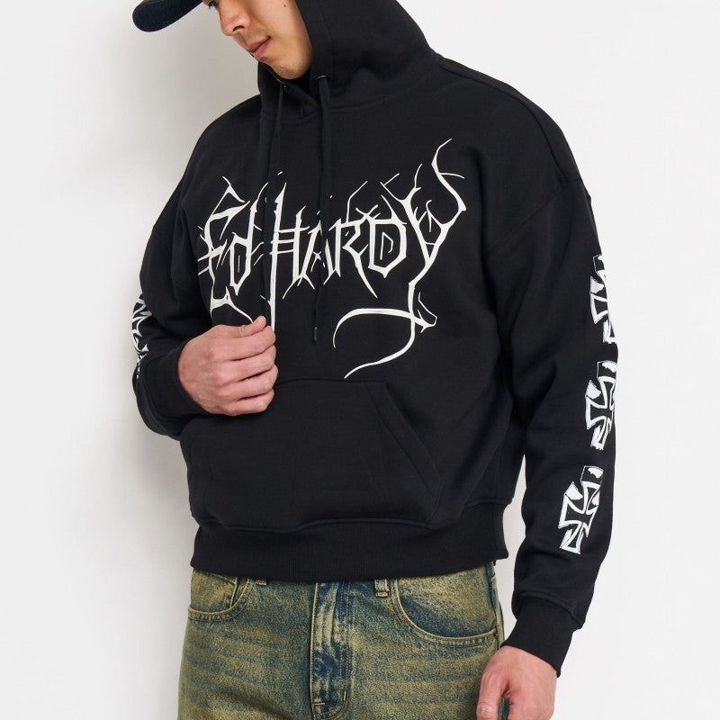 Cyber Crosses Puff Print Boxy Hoodie SUNFADE BLACK | Ed Hardy