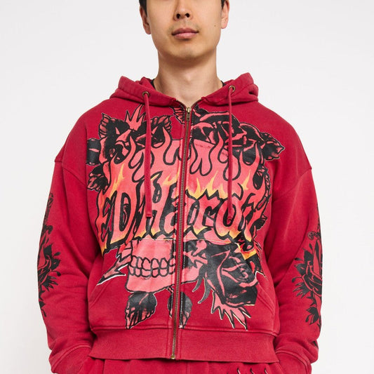 Skull Flowers Boxy Zip Hoodie MINERAL RED | Ed Hardy