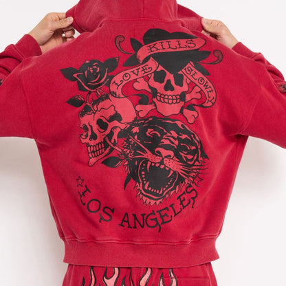 Skull Flowers Boxy Zip Hoodie MINERAL RED | Ed Hardy
