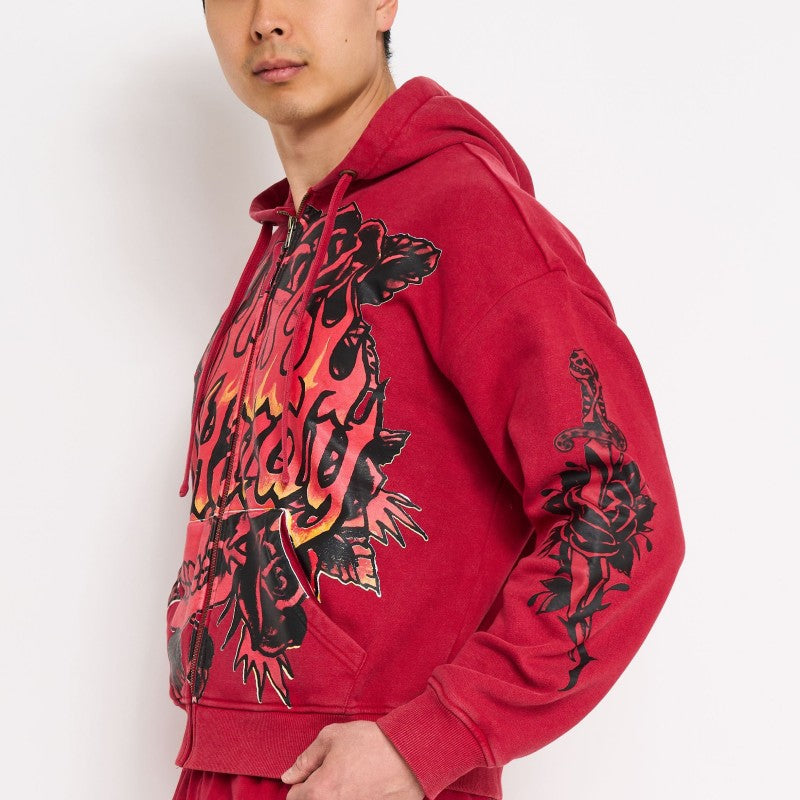 Skull Flowers Boxy Zip Hoodie MINERAL RED | Ed Hardy