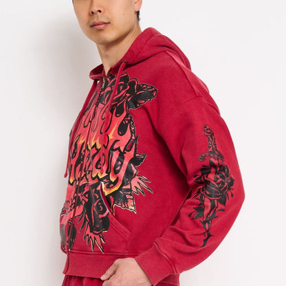 Skull Flowers Boxy Zip Hoodie MINERAL RED | Ed Hardy