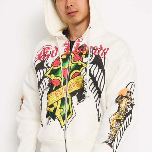 Christ Cross Rhinestone Boxy Zip Hoodie | Men's Hoodie | Ed Hardy IVORY | Ed Hardy