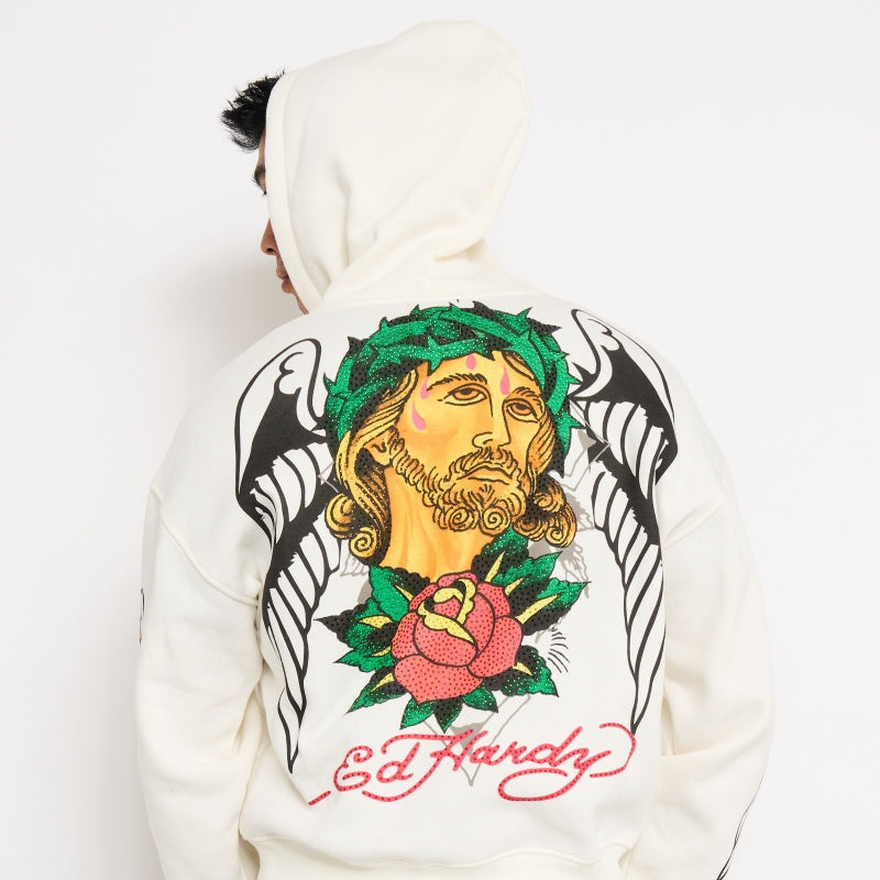 Christ Cross Rhinestone Boxy Zip Hoodie | Men's Hoodie | Ed Hardy IVORY | Ed Hardy
