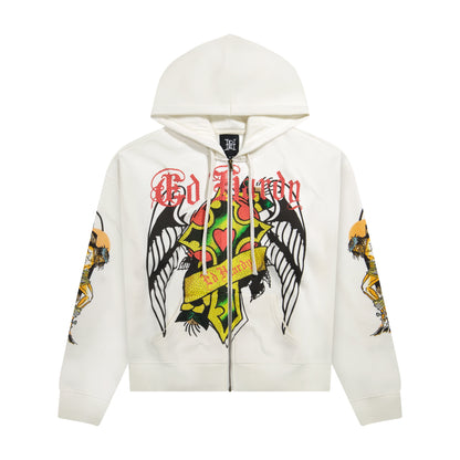 Christ Cross Rhinestone Boxy Zip Hoodie | Men's Hoodie | Ed Hardy IVORY | Ed Hardy