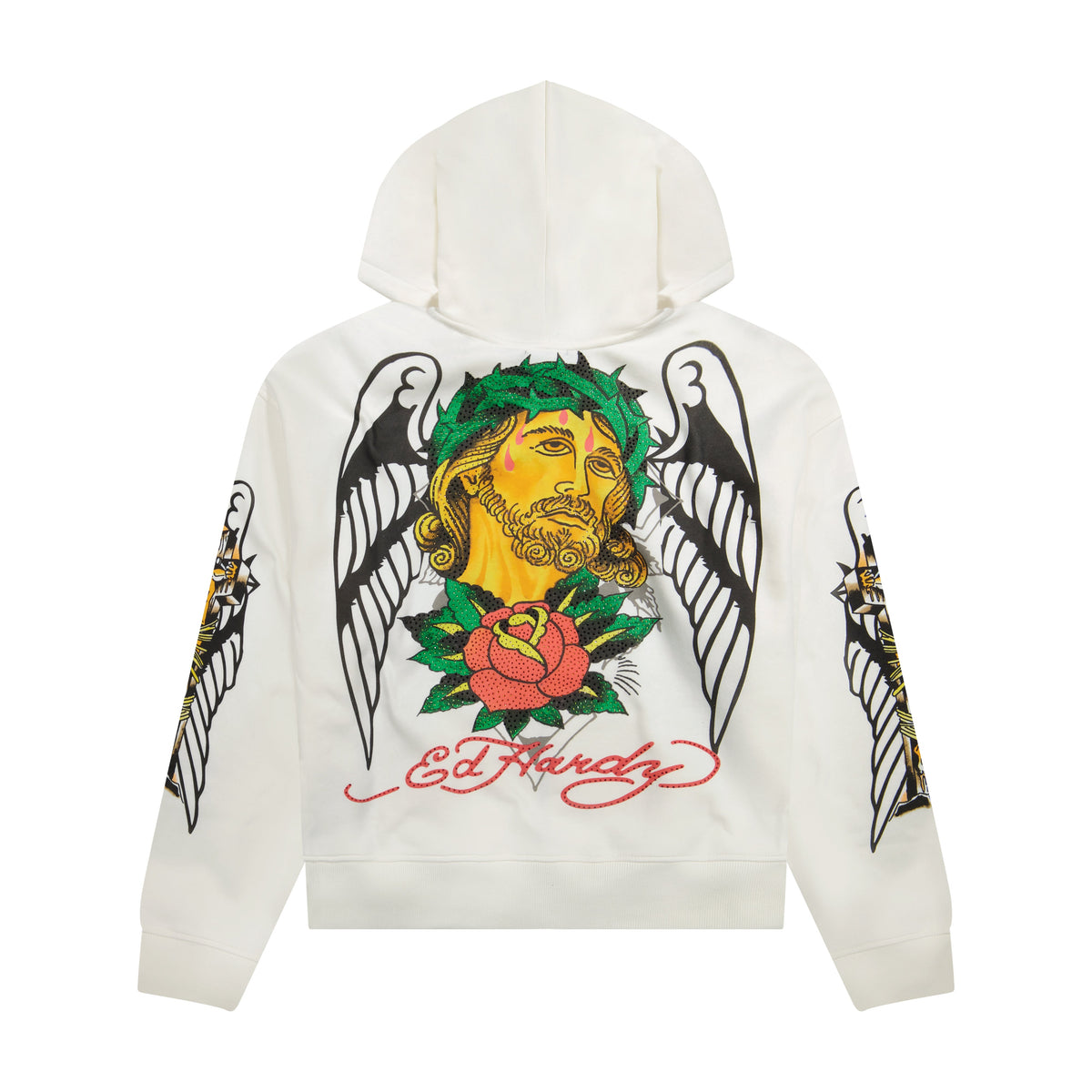 Christ Cross Rhinestone Boxy Zip Hoodie | Men's Hoodie | Ed Hardy IVORY | Ed Hardy