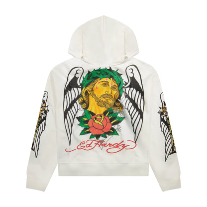 Christ Cross Rhinestone Boxy Zip Hoodie | Men's Hoodie | Ed Hardy IVORY | Ed Hardy