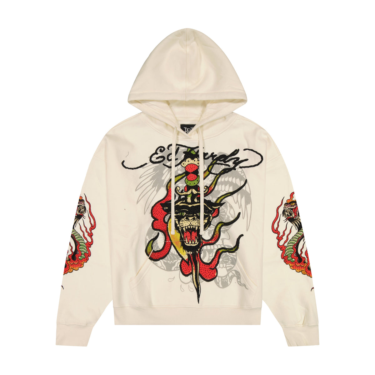 Panther Flame Rhinestone Boxy Fleece Hoodie IVORY | Ed Hardy