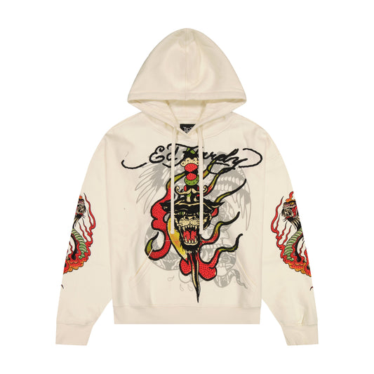 Panther Flame Rhinestone Boxy Fleece Hoodie IVORY | Ed Hardy