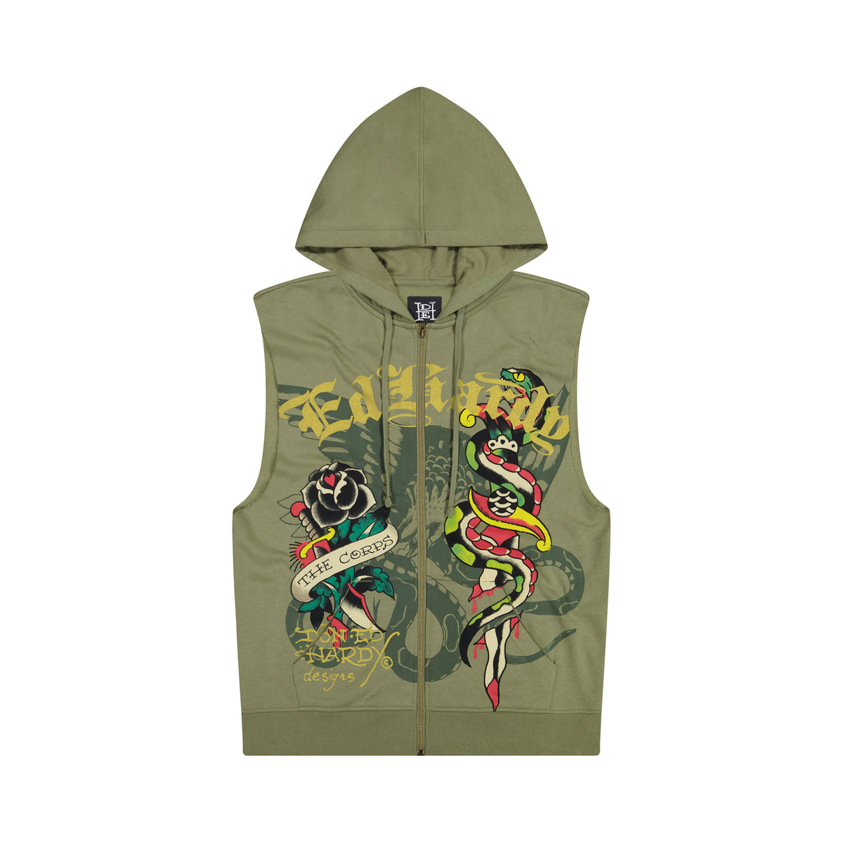 Dagger Rose Fleece Cut Off Hoodie LT OLIVE | Ed Hardy