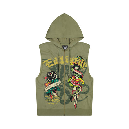 Dagger Rose Fleece Cut Off Hoodie LT OLIVE | Ed Hardy