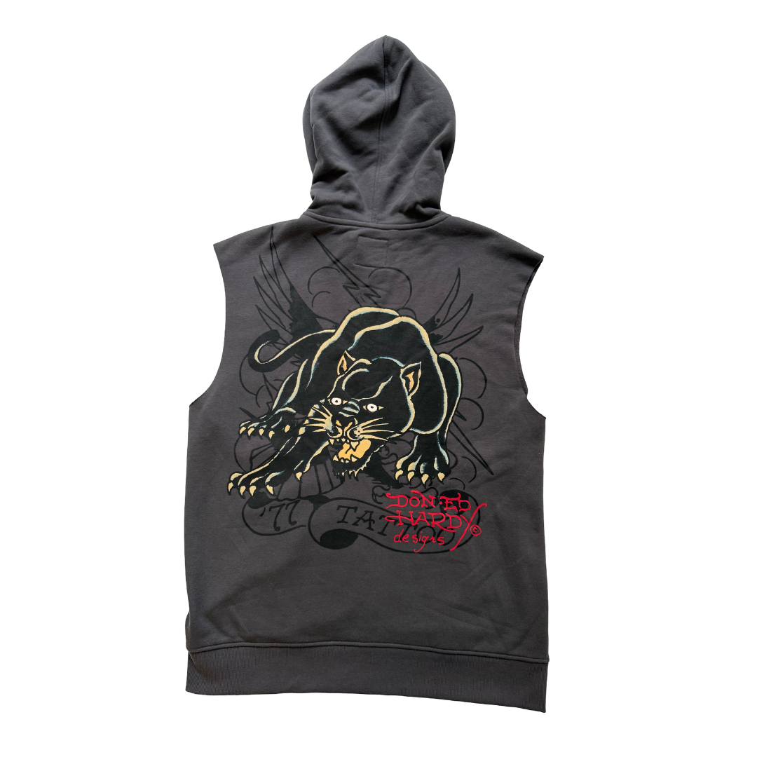 Panther Skull Fleece Cut Off Hoodie CHARCOAL | Ed Hardy