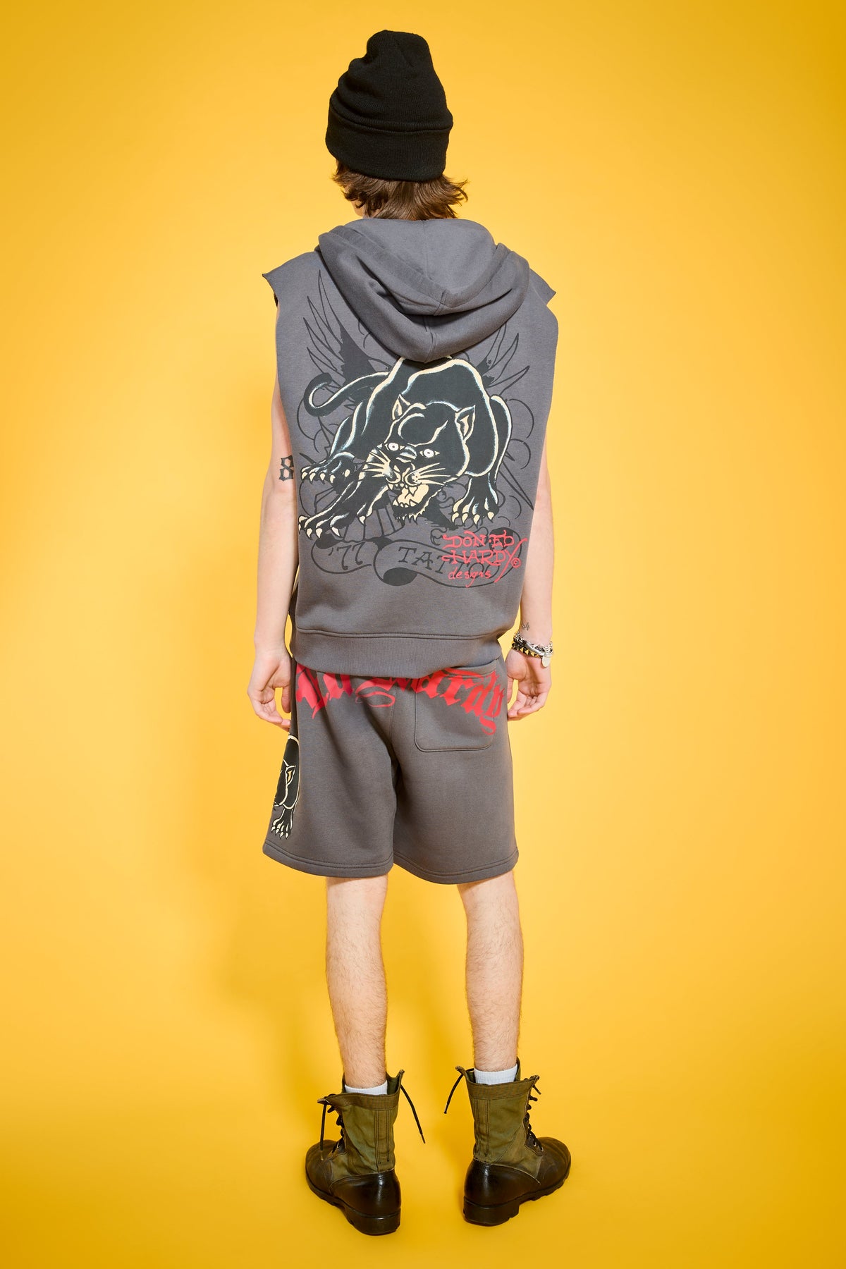 Panther Skull Fleece Cut Off Hoodie CHARCOAL | Ed Hardy